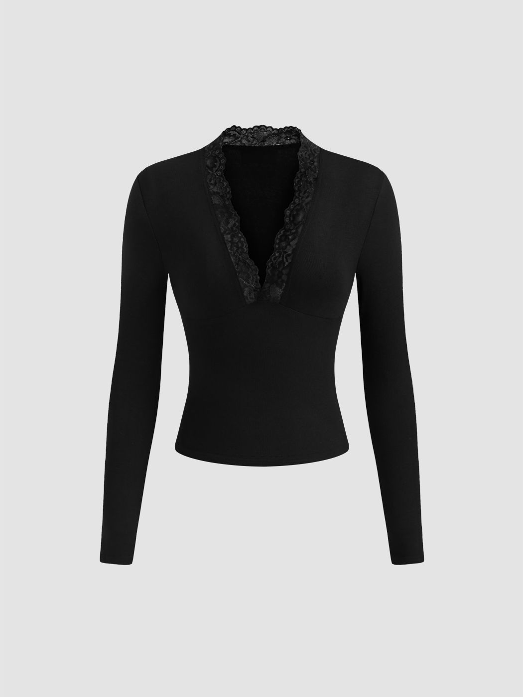 V-Ausschnitt Einfarbig Spitzen Langarmshirt