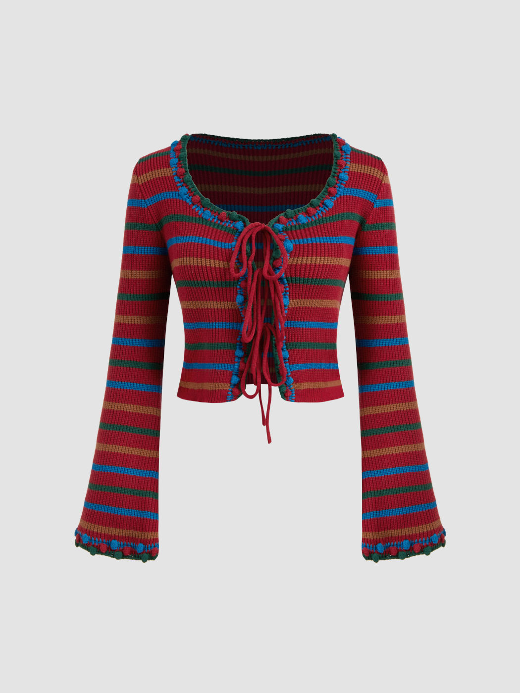Streifen-Tie-Front-Strickjacke mit Rundhalsausschnitt