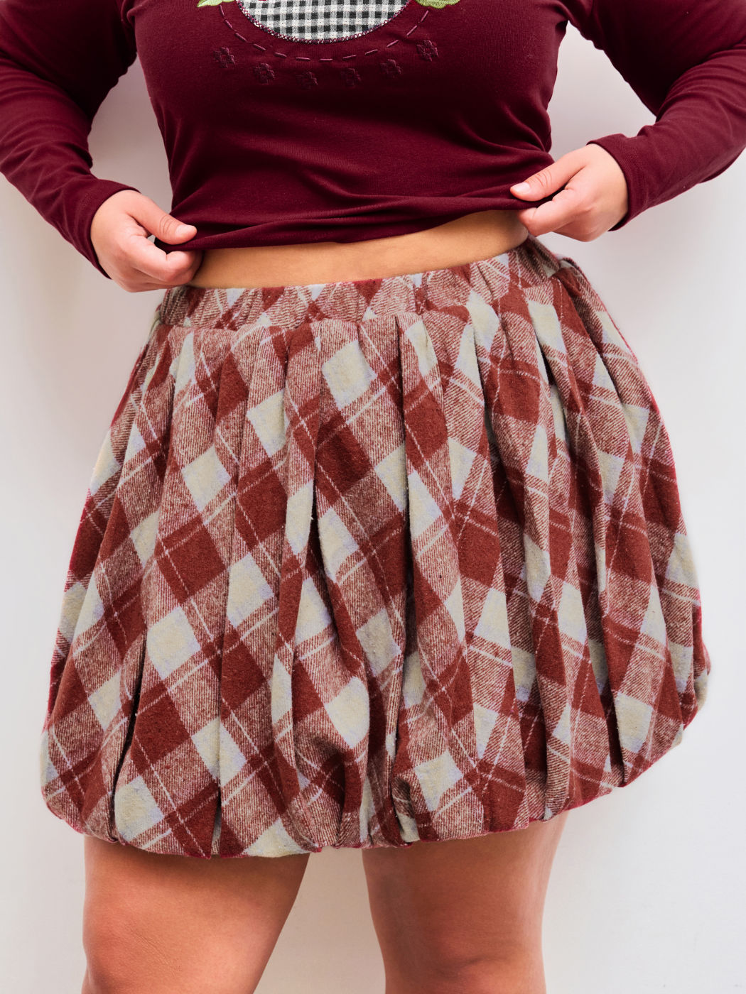 Jacquard Mid Rise Check Bubble Hem Micro Mini Skirt Curve & Plus