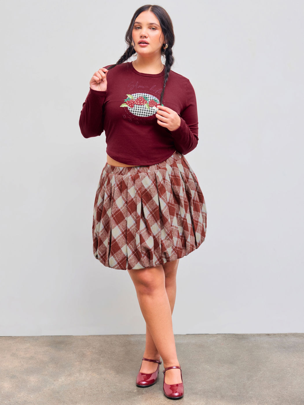 Jacquard Mid Rise Check Bubble Hem Micro Mini Skirt Curve & Plus