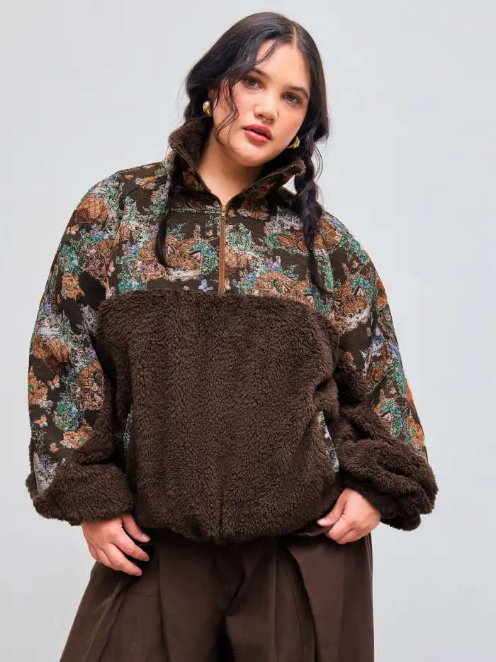 Mesh High Neck Lettuce Trim See-through Top Curve & Plus