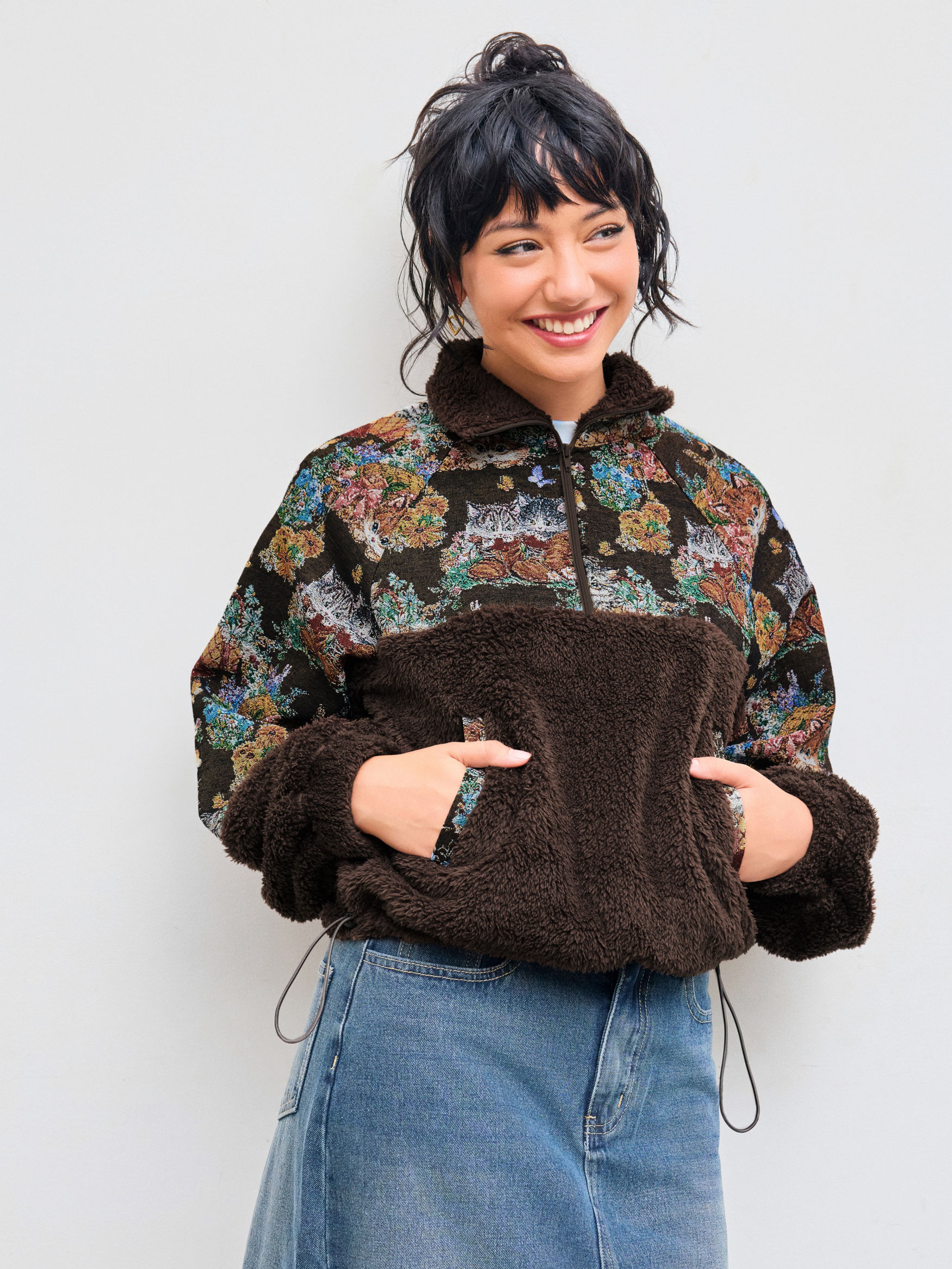 Fleece Collar Floral Cat Knotted Sweatshirt