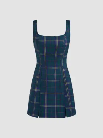 Preppy Woven Square Neck Check Pleated Zipper Maxi Dress For Work