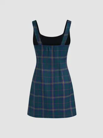 Scoop Neckline Checks Zipper Mini Dress