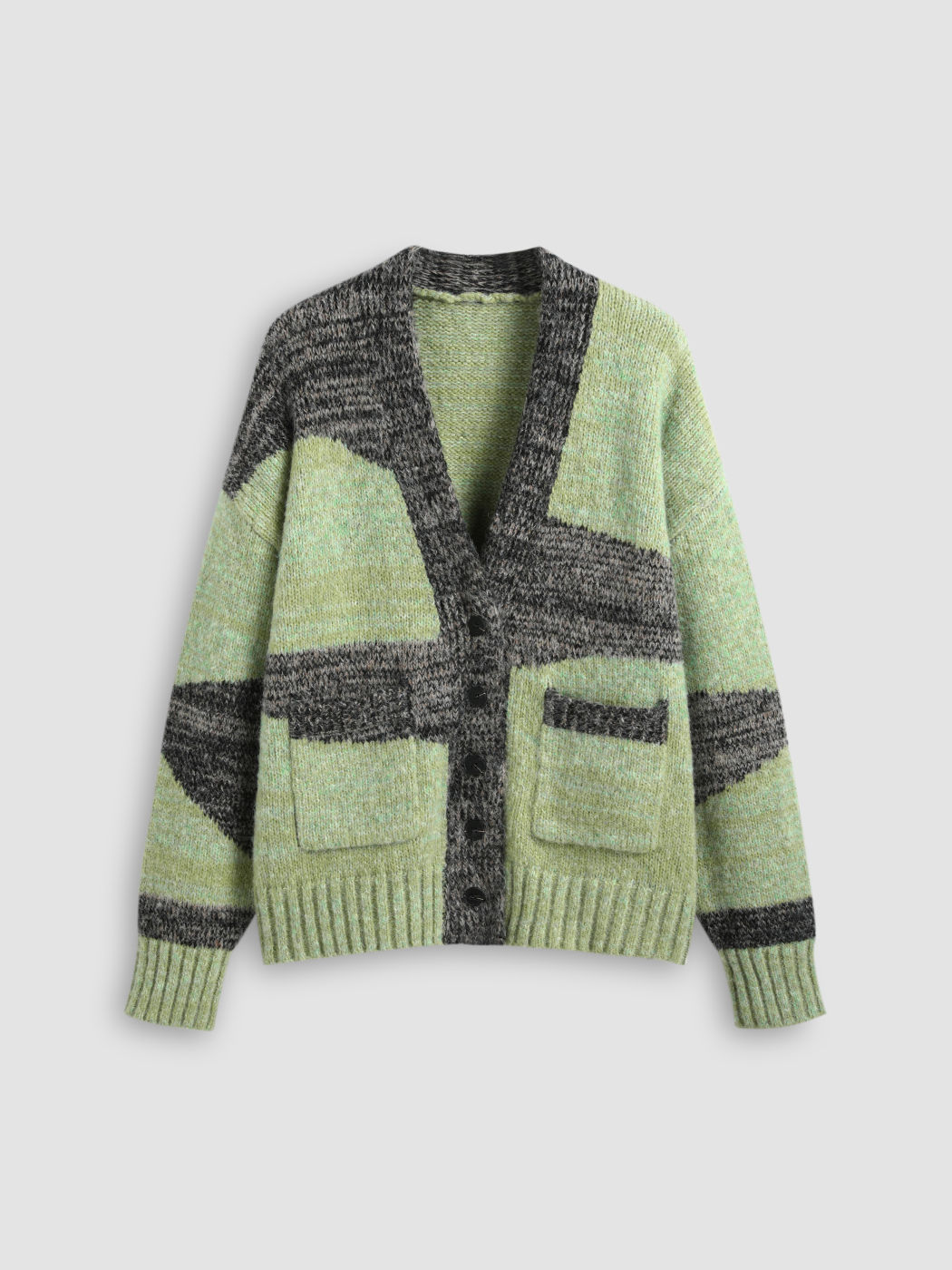 Wollmischung Abstrakt Colorblock V-Ausschnitt Strickjacke