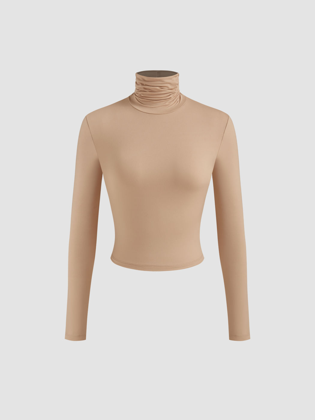 Second Skin Double Layered High Neck Solid Ruched Long Sleeve Crop Tee