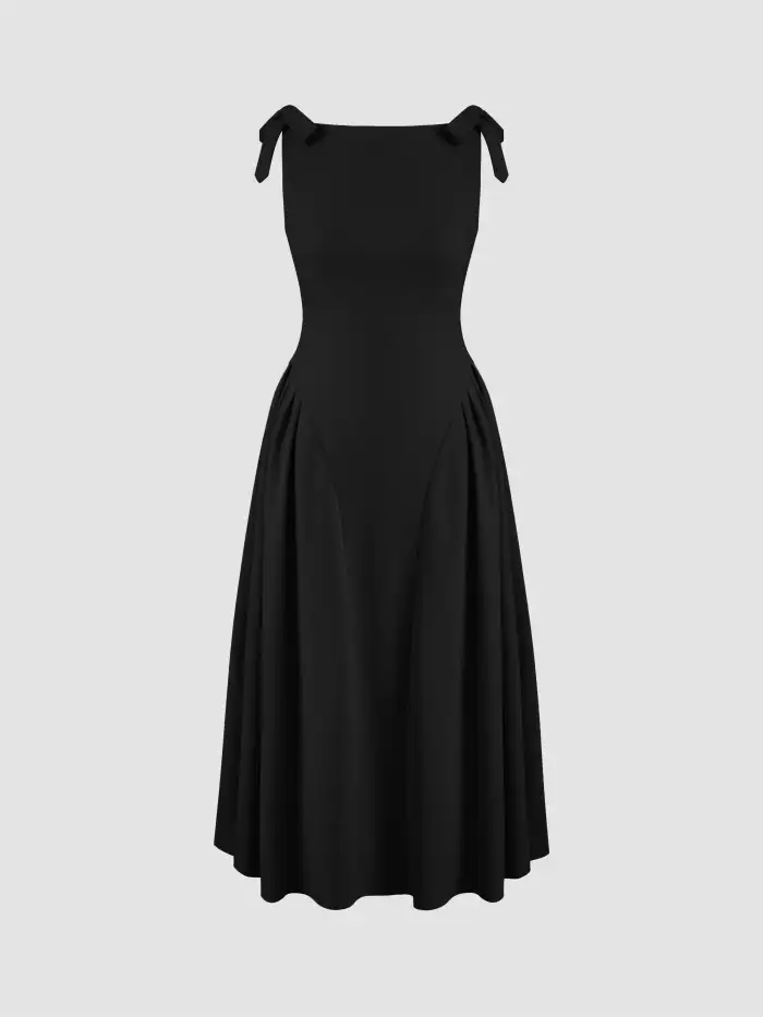 Boat Neckline Solid Knotted Pleated Sleeveless Maxi Dress