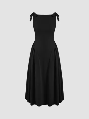 Boat Neckline Solid Knotted Pleated Sleeveless Maxi Dress
