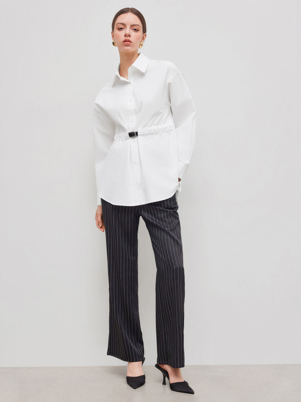 100% Cotton Collar Solid Button Ruched Belted Long Sleeve Shirt