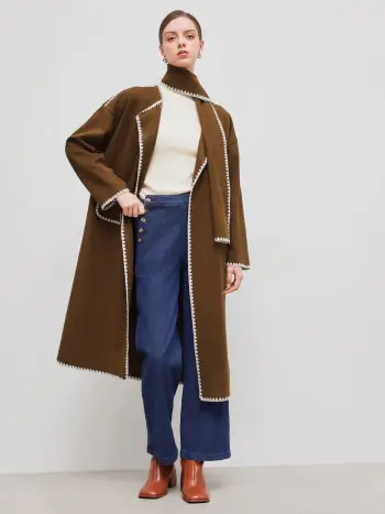 Cappotto con sciarpa con scollo rotondo in lana, tinta unita con rilegatura a contrasto