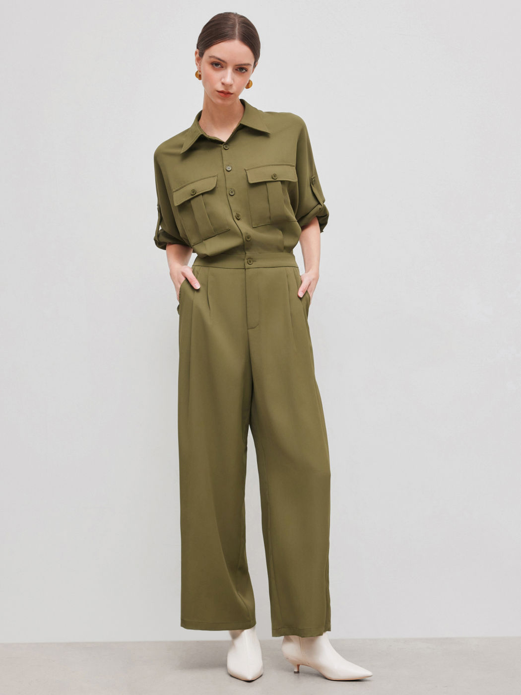 Collar Solid Button Pocket Straight Leg Jumpsuit
