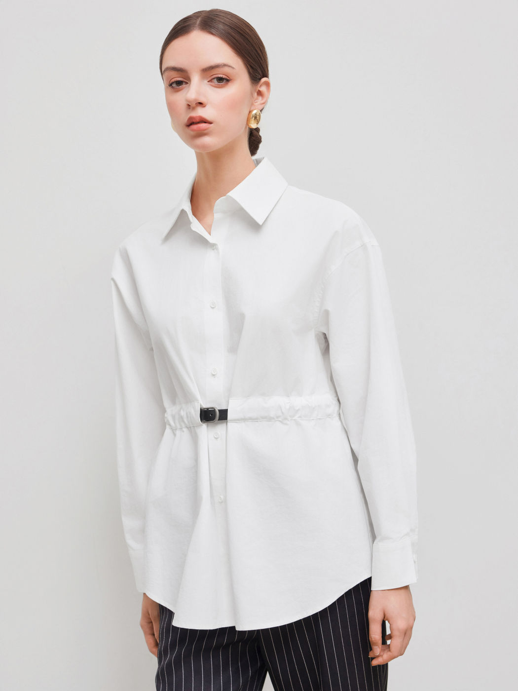 100% Cotton Collar Solid Button Ruched Belted Long Sleeve Shirt
