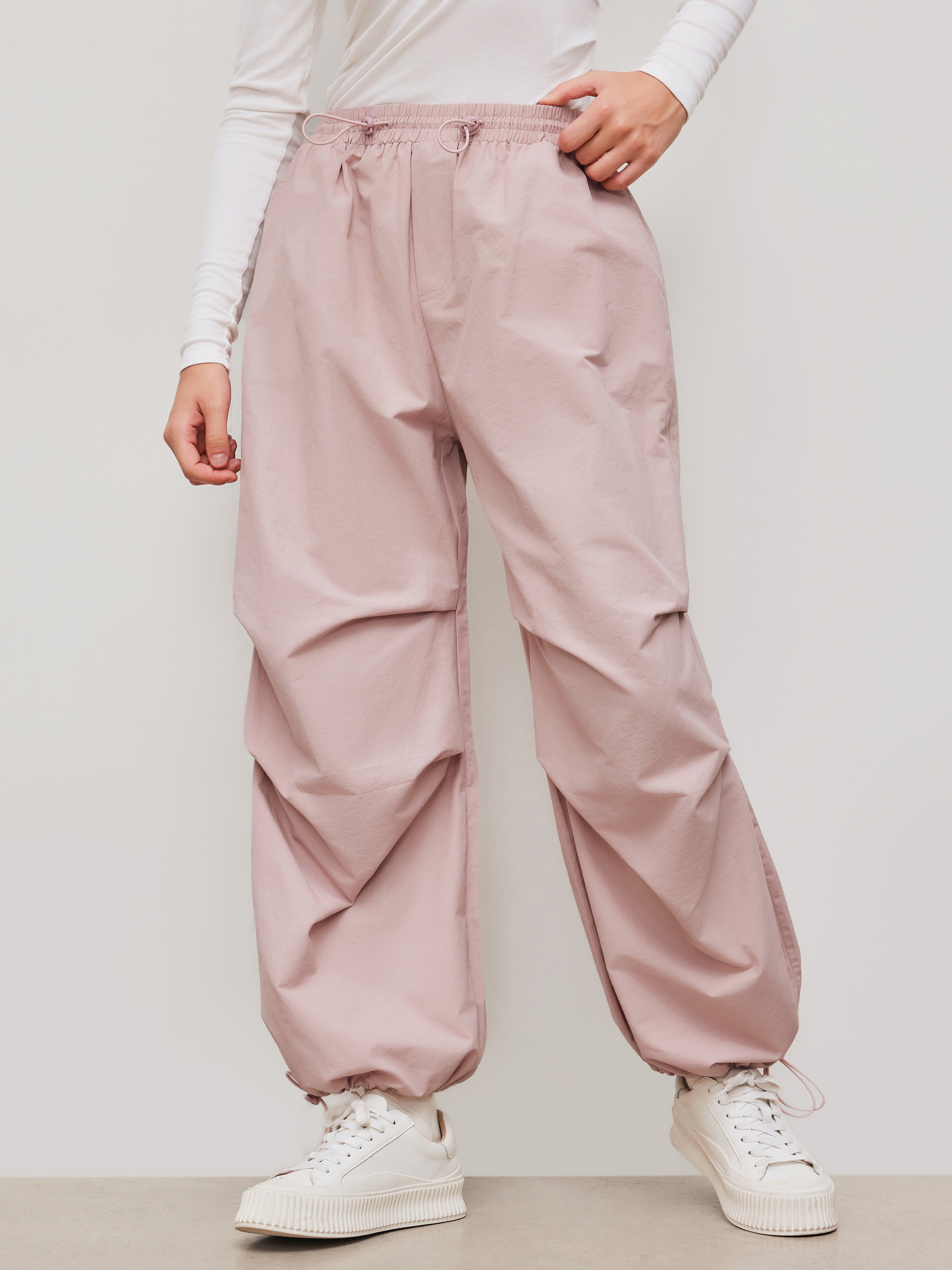 Woven Cotton-blend Mid Rise Solid Elastic Waist Ruched