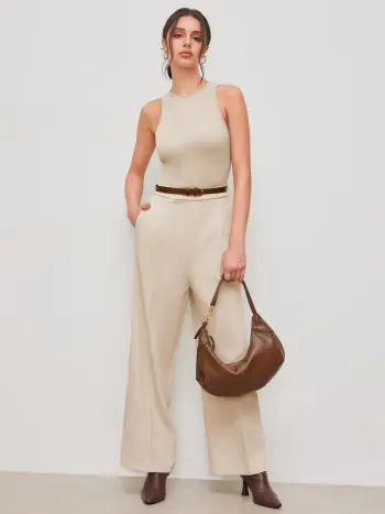 Tuta con scollatura rotonda e cerniera tascabile solida con cintura