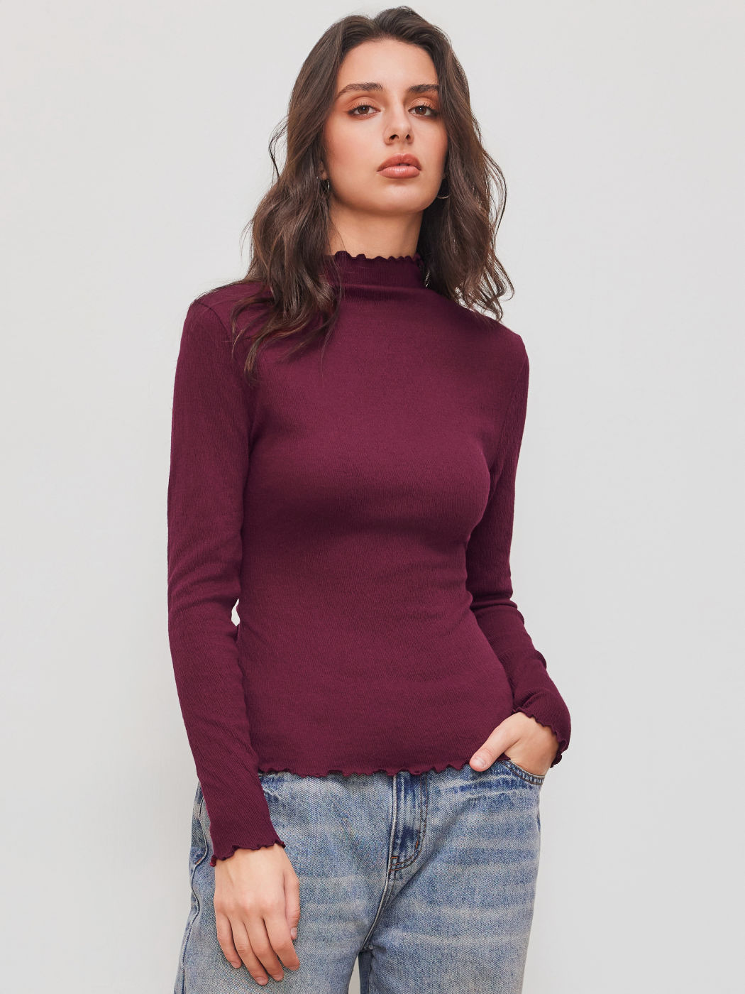 Cotton-blend High Neck Solid Lettuce Trim Long Sleeve Top