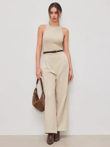 Round Neckline Solid Pocket Zipper Jumpsuit With Belt