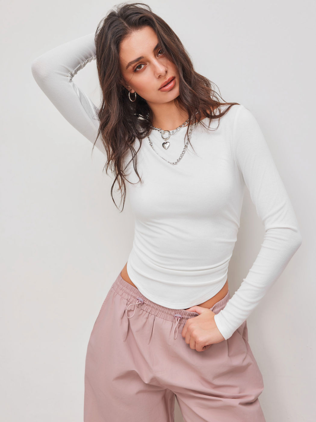 Boat Neck Solid Ruched Long Sleeve Tee