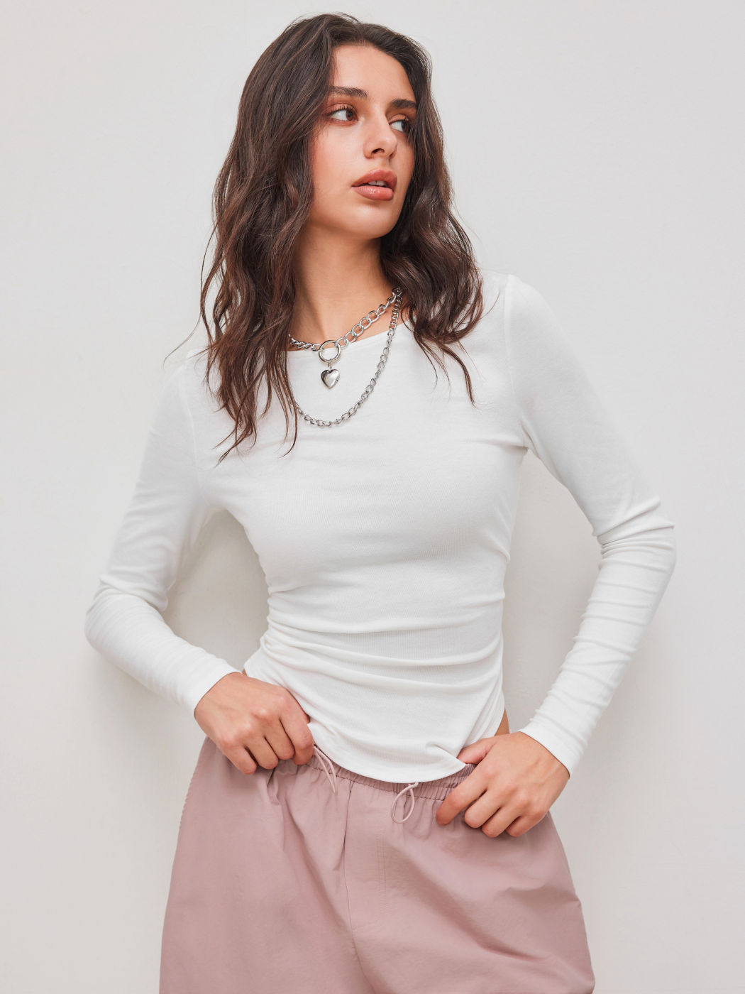 Boat Neck Solid Ruched Long Sleeve Tee