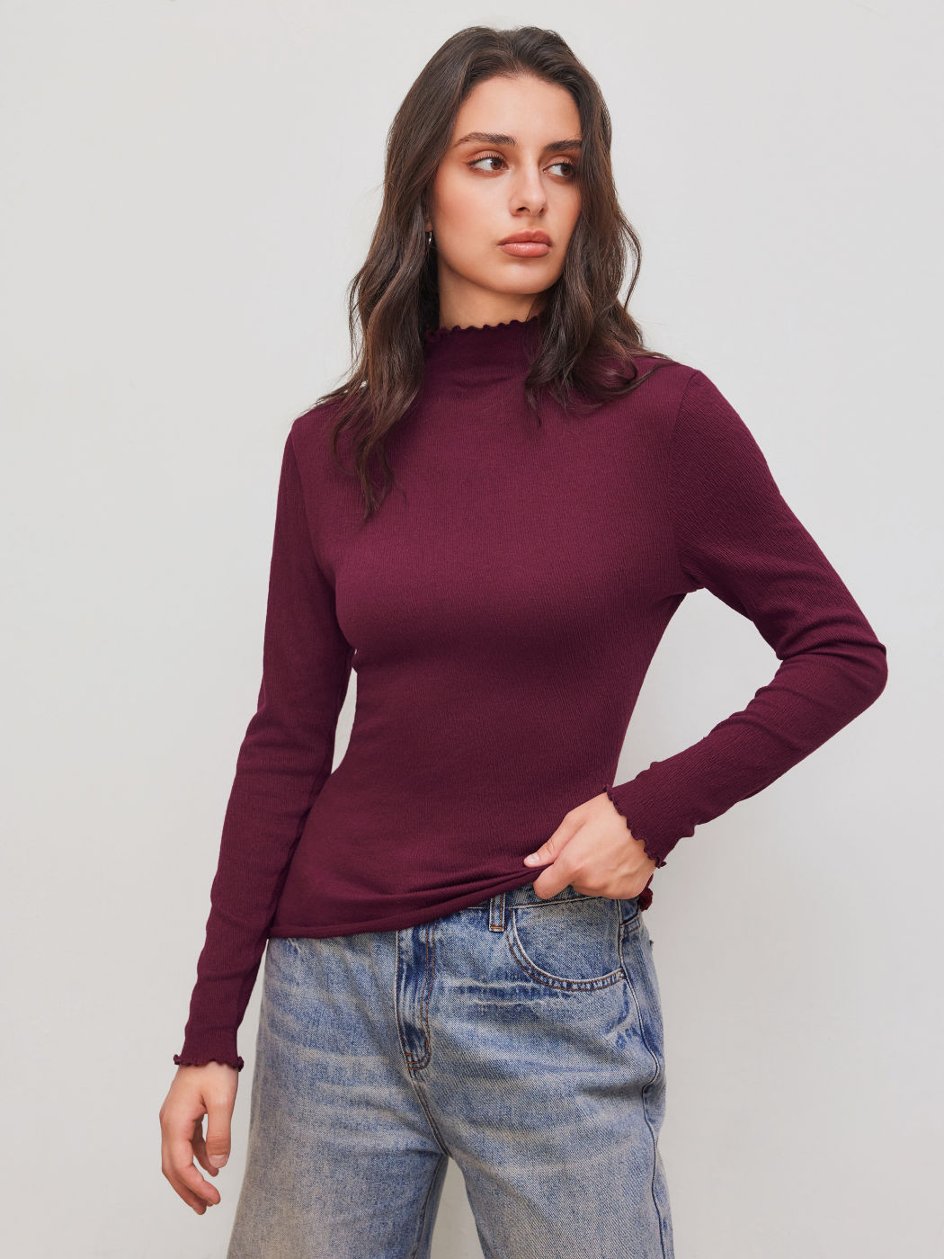 Cotton-blend High Neck Solid Lettuce Trim Long Sleeve Top