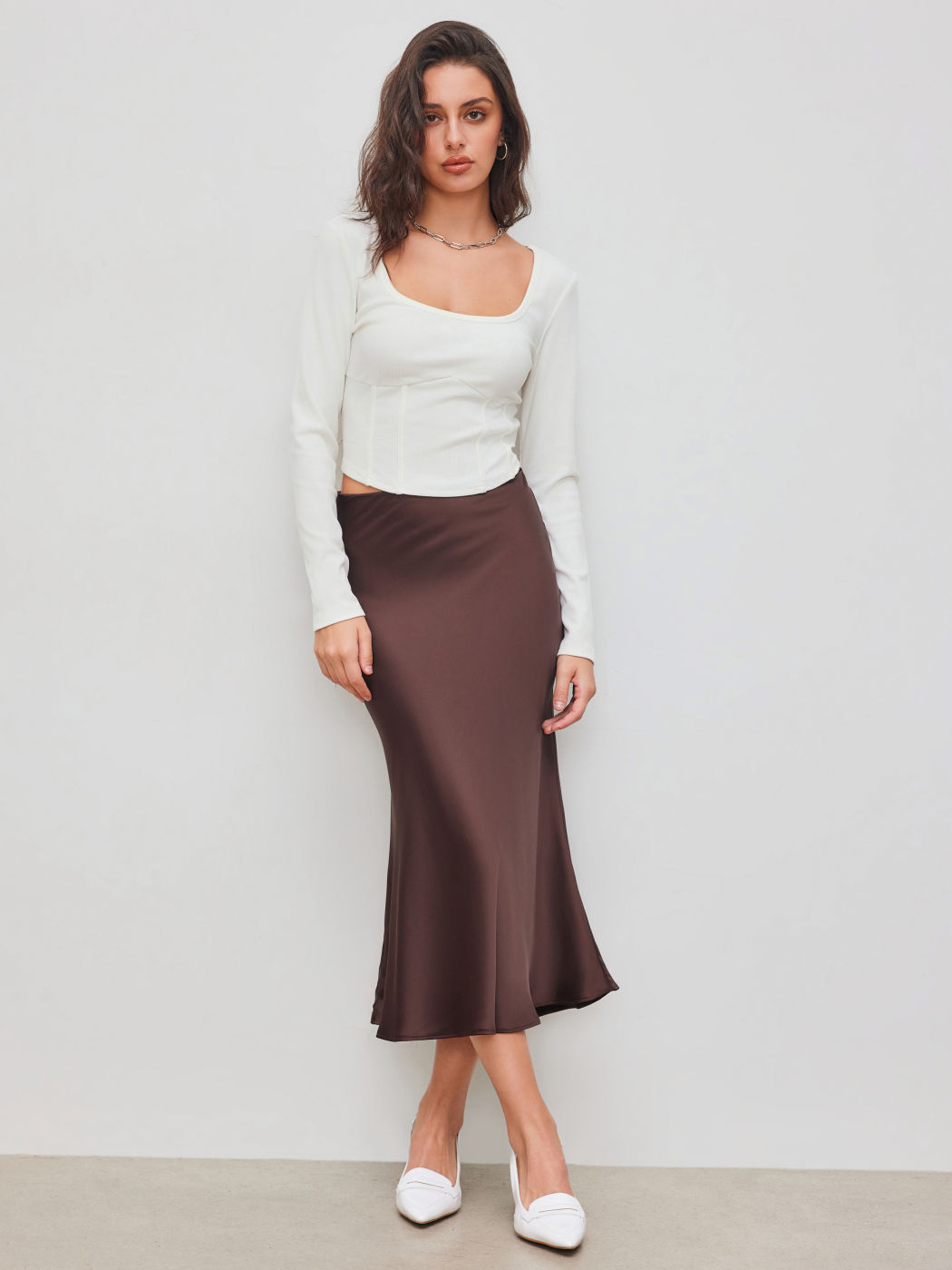 Satin Mid Rise Solid Zipper Maxi Skirt