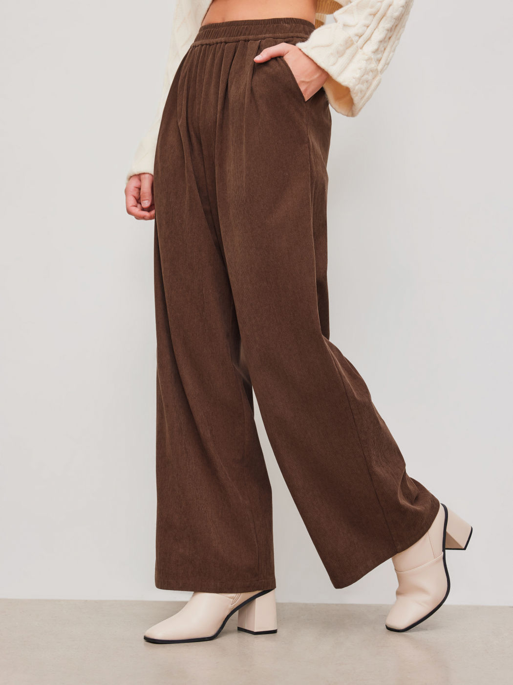 Cord Mid Rise Solid Pocket Wide Leg Hosen