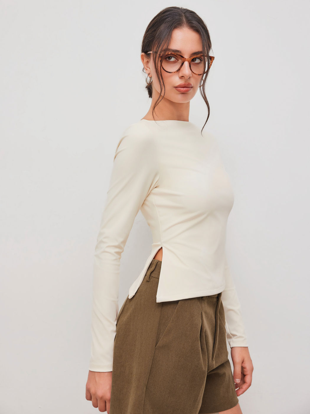 Contour Double Layered Boat Neck Solid Split Long Sleeve Tee