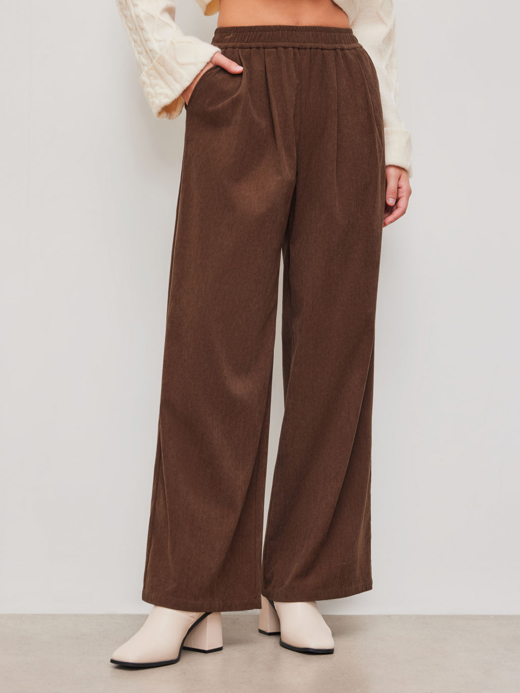 Cord Mid Rise Solid Pocket Wide Leg Hosen