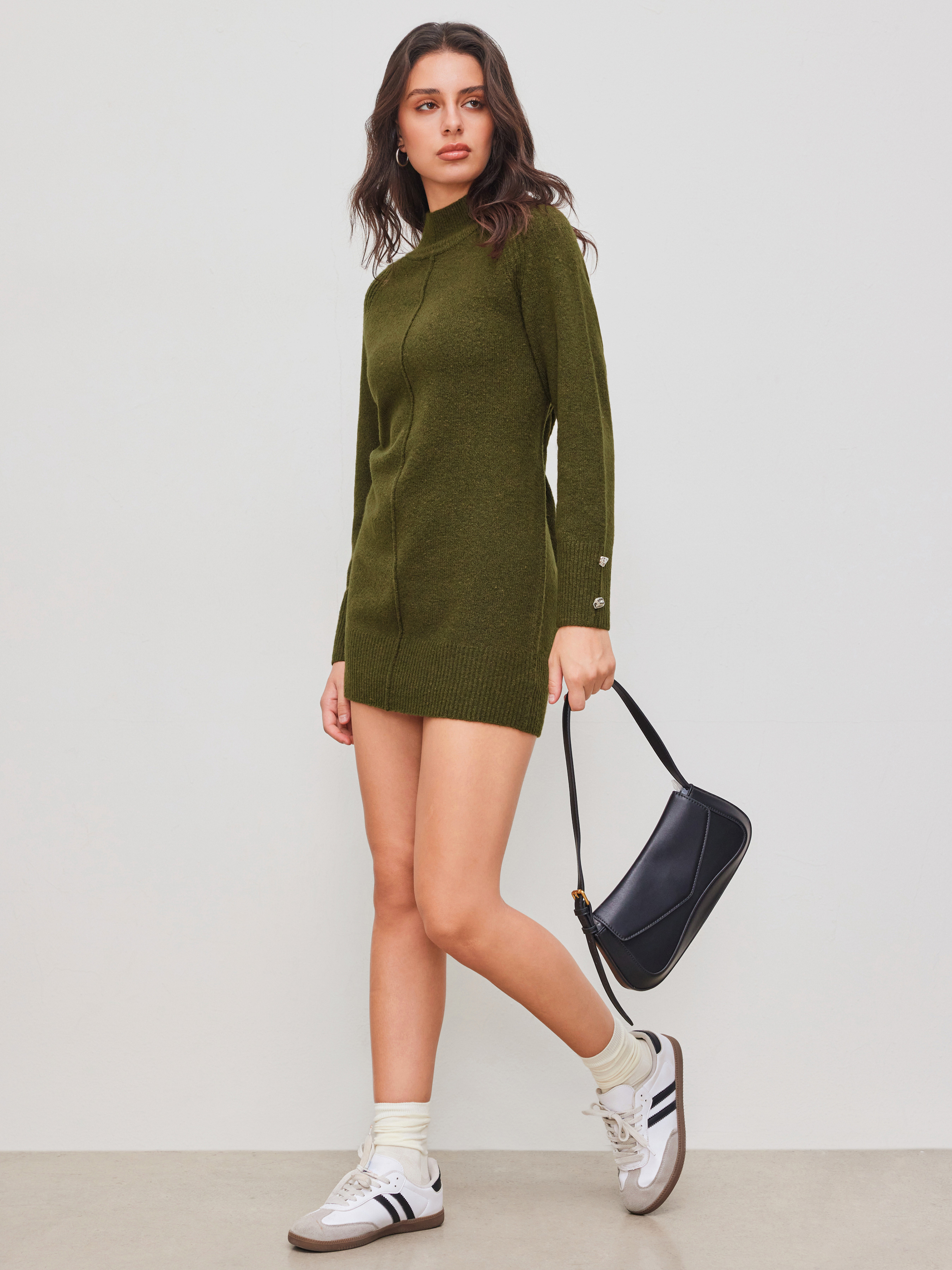 Knitted Fabric Weekend Vibes Relaxed Fit Solid High Neck Long Sleeve Mini Dress | Womens | 100% Polyester | Cider | Weekend Vibes | Daily Casual Knit Fabric Knitted High Neck Solid Oversized Long Sleeve Mini Dress For  Daily Casual