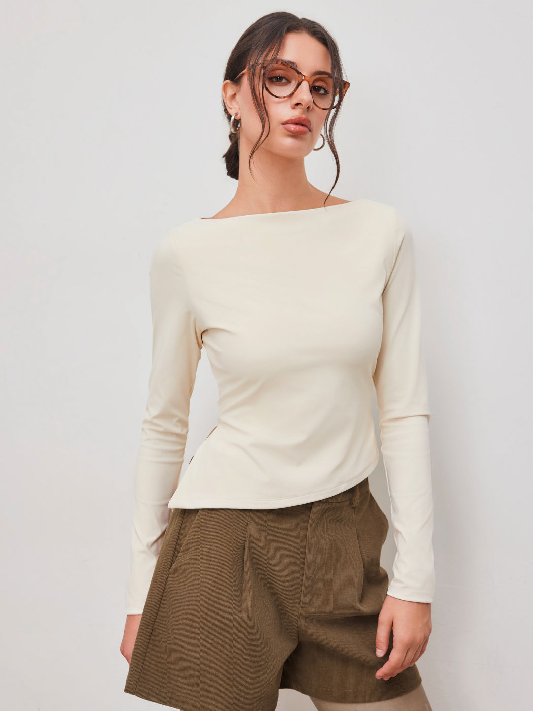 Contour Double Layered Boat Neck Solid Split Long Sleeve Tee