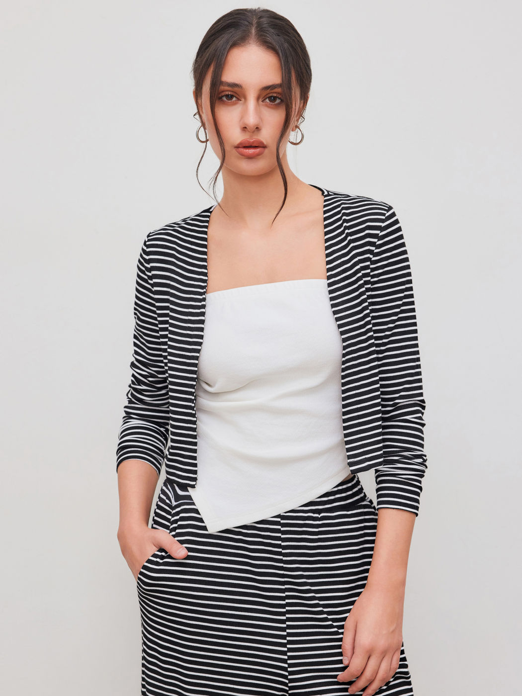 V-neck Striped Long Sleeve Top & Solid Ruched Tube Top set