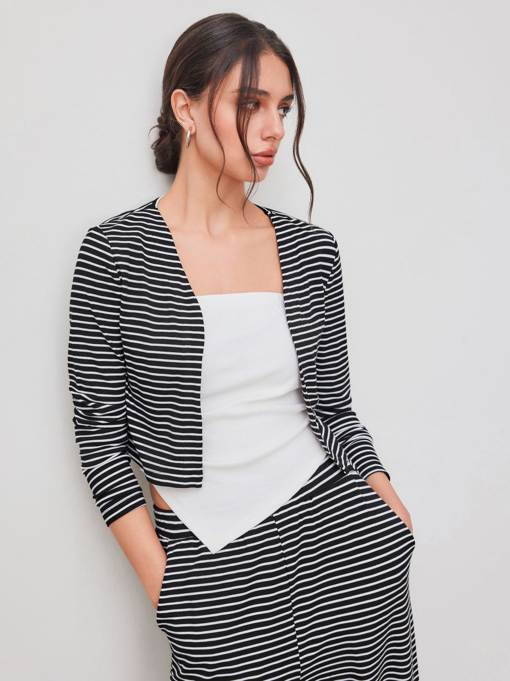 V-neck Striped Long Sleeve Top & Solid Ruched Tube Top set