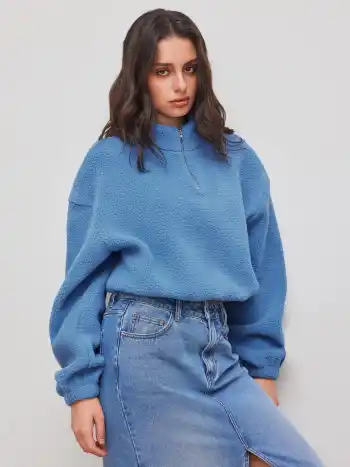 Fleece High Neck Solid Drawstring Zipper Sweatshirt