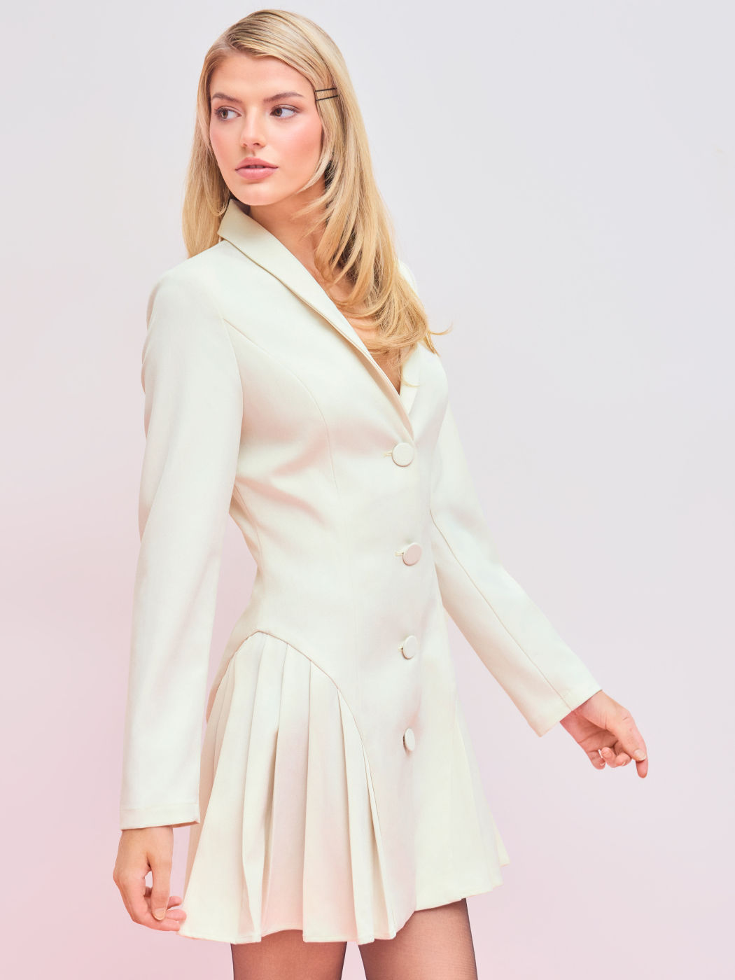 Collar Solid Button Pleated Mini Blazer Dress