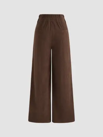 Cord High Rise Solid Falten Doppelknopf Tasche Weite Hose