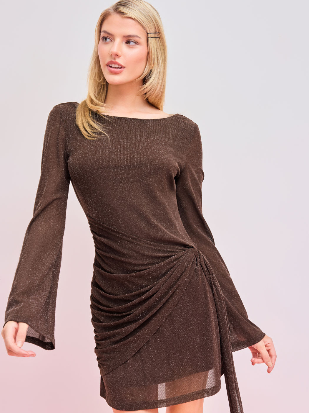 Mesh Round Neckline Solid Knotted Mini Dress