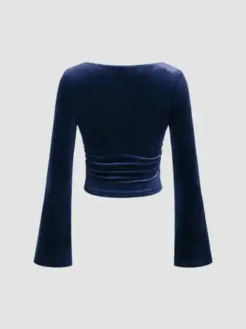 Samt Boot-Ausschnitt Solid Rüschen Langarm Crop Top