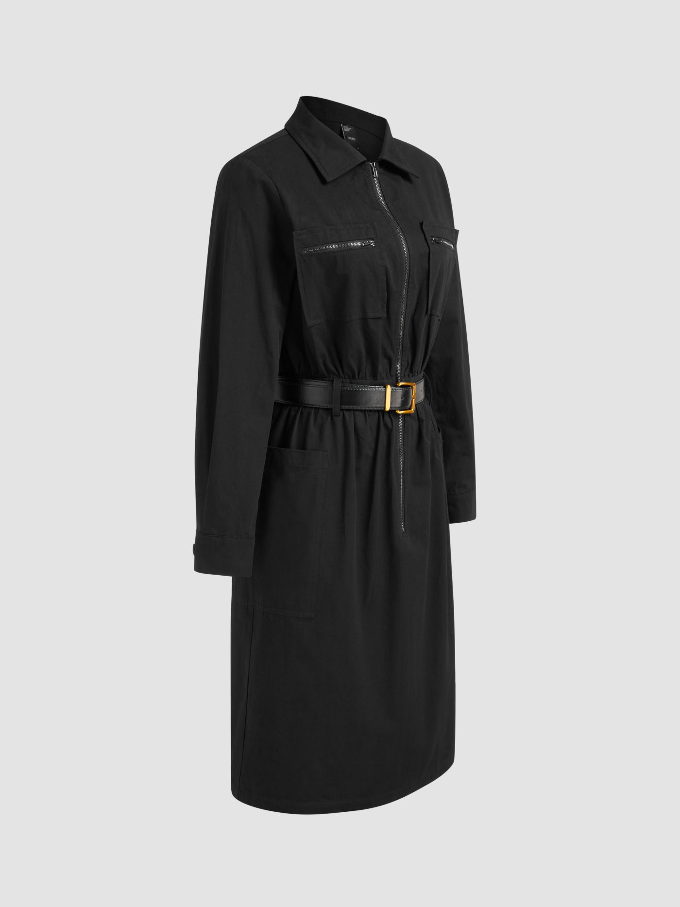 100% Baumwolle Kragen Einfarbig Reißverschlusstasche Midikleid Mit Gürtel