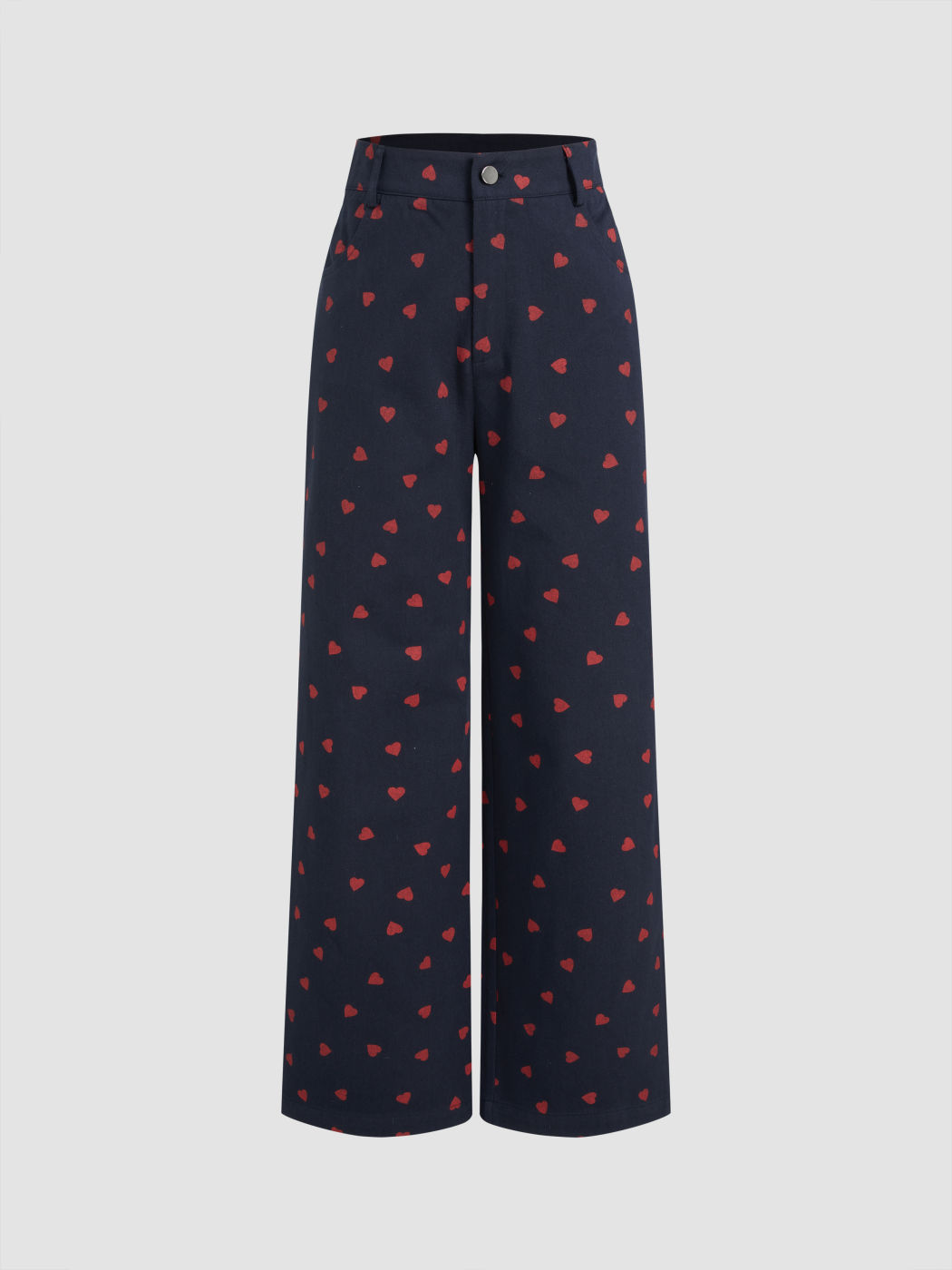 100% Cotton High Rise Heart Graphic Button Straight Leg Trousers