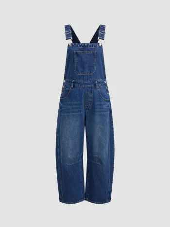 Denim Solid Buckle Pocket Barrel-leg Jumpsuit