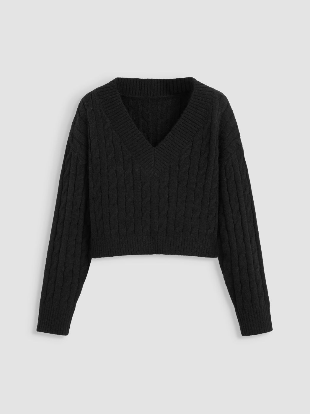 Zopfmuster V-Ausschnitt Einfarbig Langarm Crop Pullover