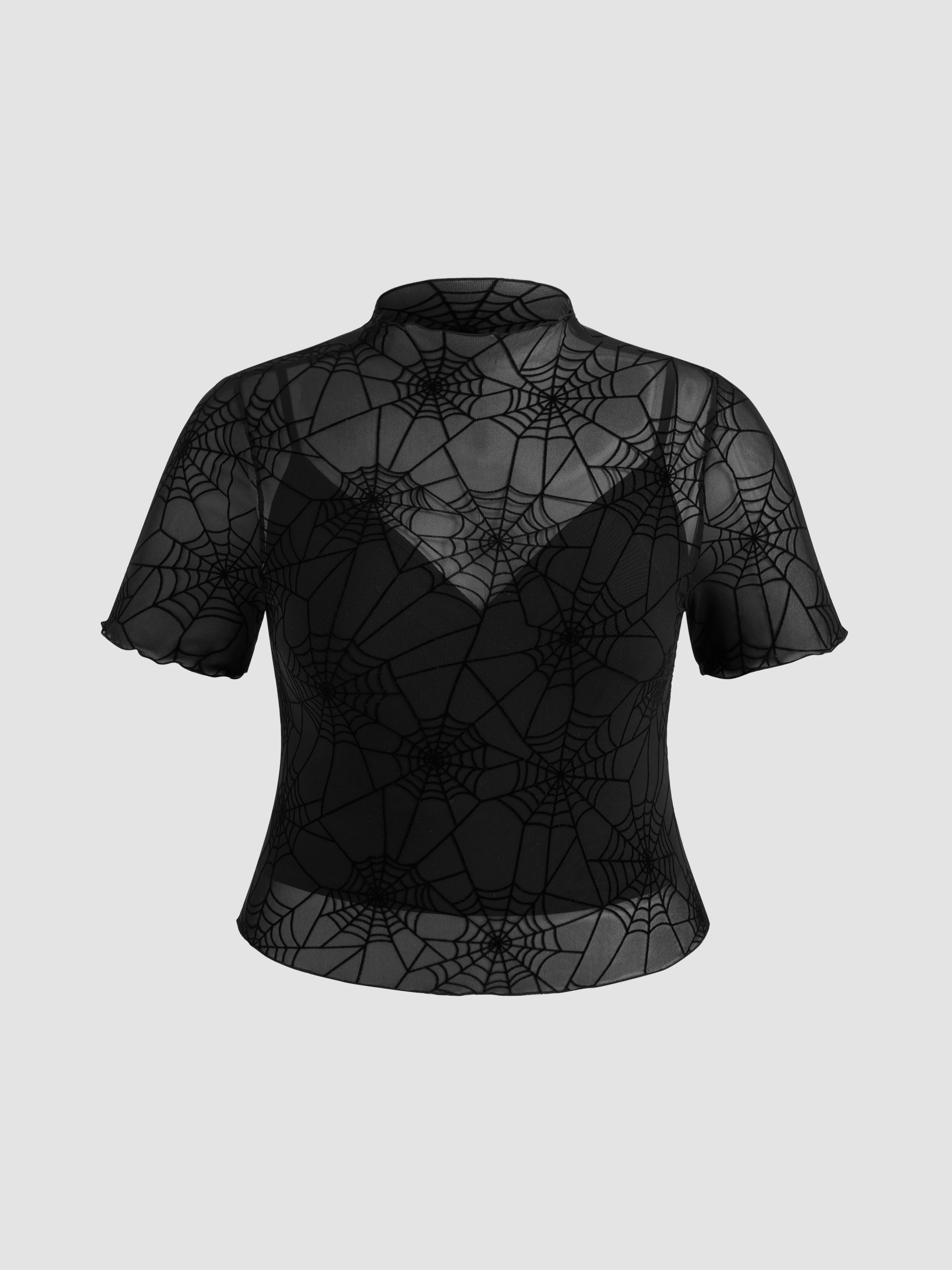 Mesh High Neck Spider Web Lettuce Trim Short Sleeve Top With Solid Cami Top Curve & Plus