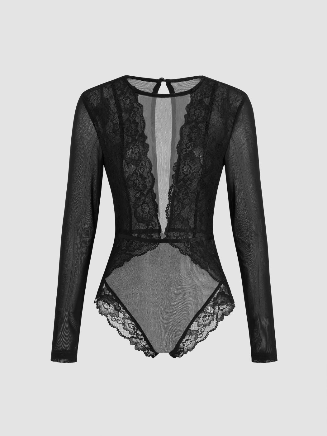 Round Neckline Solid Lace See-through Bodysuit