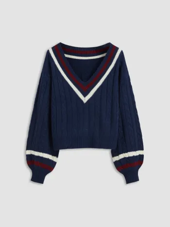 Cable Knit V-neck Solid Contrasting Binding Long Sleeve Top