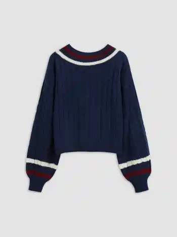 Cable Knit V-neck Solid Contrasting Binding Long Sleeve Top