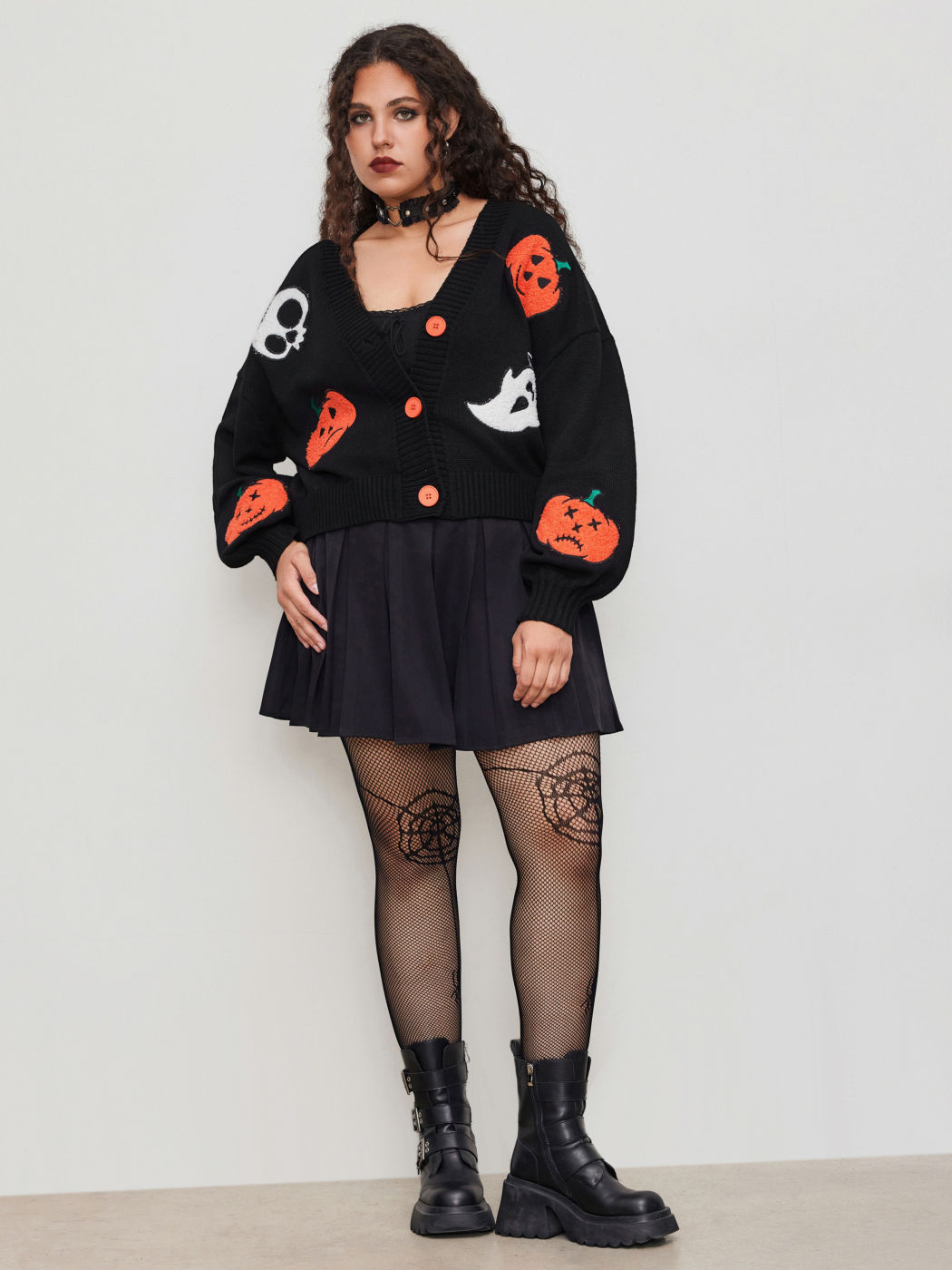 Knit V-neck Pumpkin & Ghost Cardigan Curve & Plus