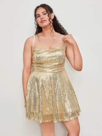 Pailletten-Wasserfallkragen Einfarbig Rüschen Minikleid Kurve & Plus
