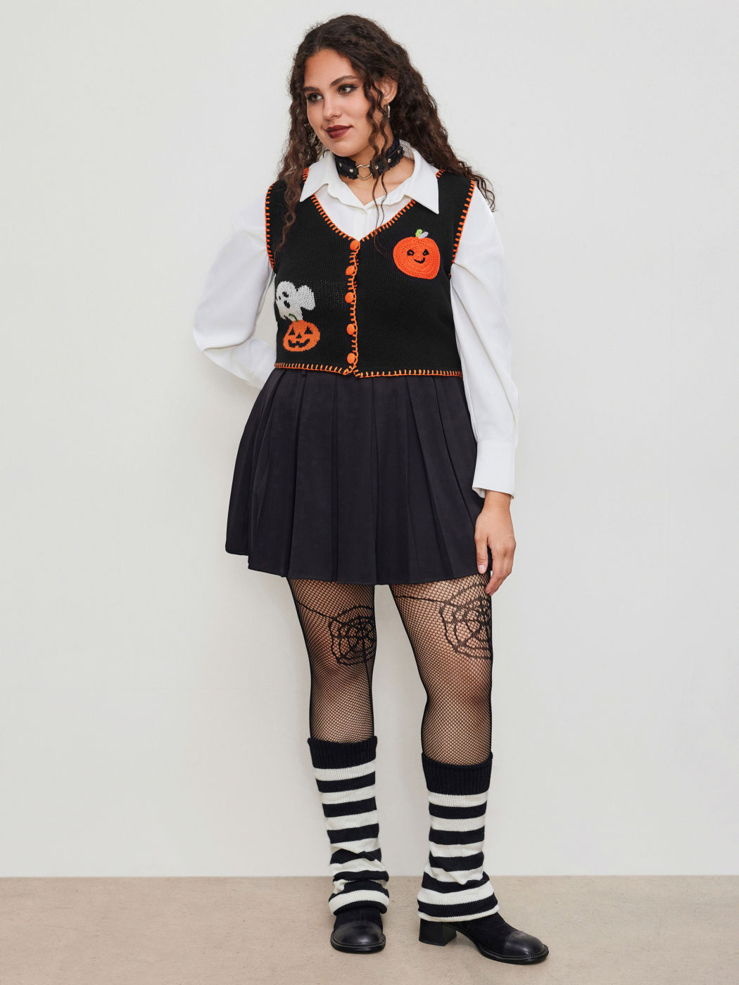 Knit V-neck Pumpkin Ghost Contrasting Binding Vest Curve & Plus