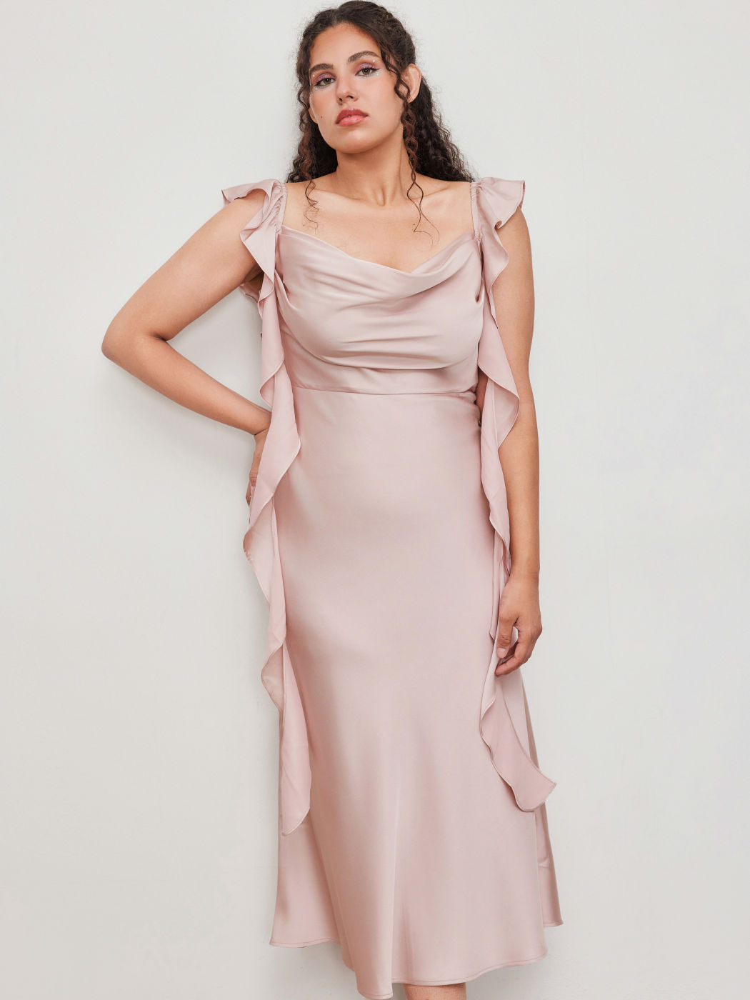 Satin Cowl Neck Solid Ruffle Hem Maxi Dress Curve & Plus