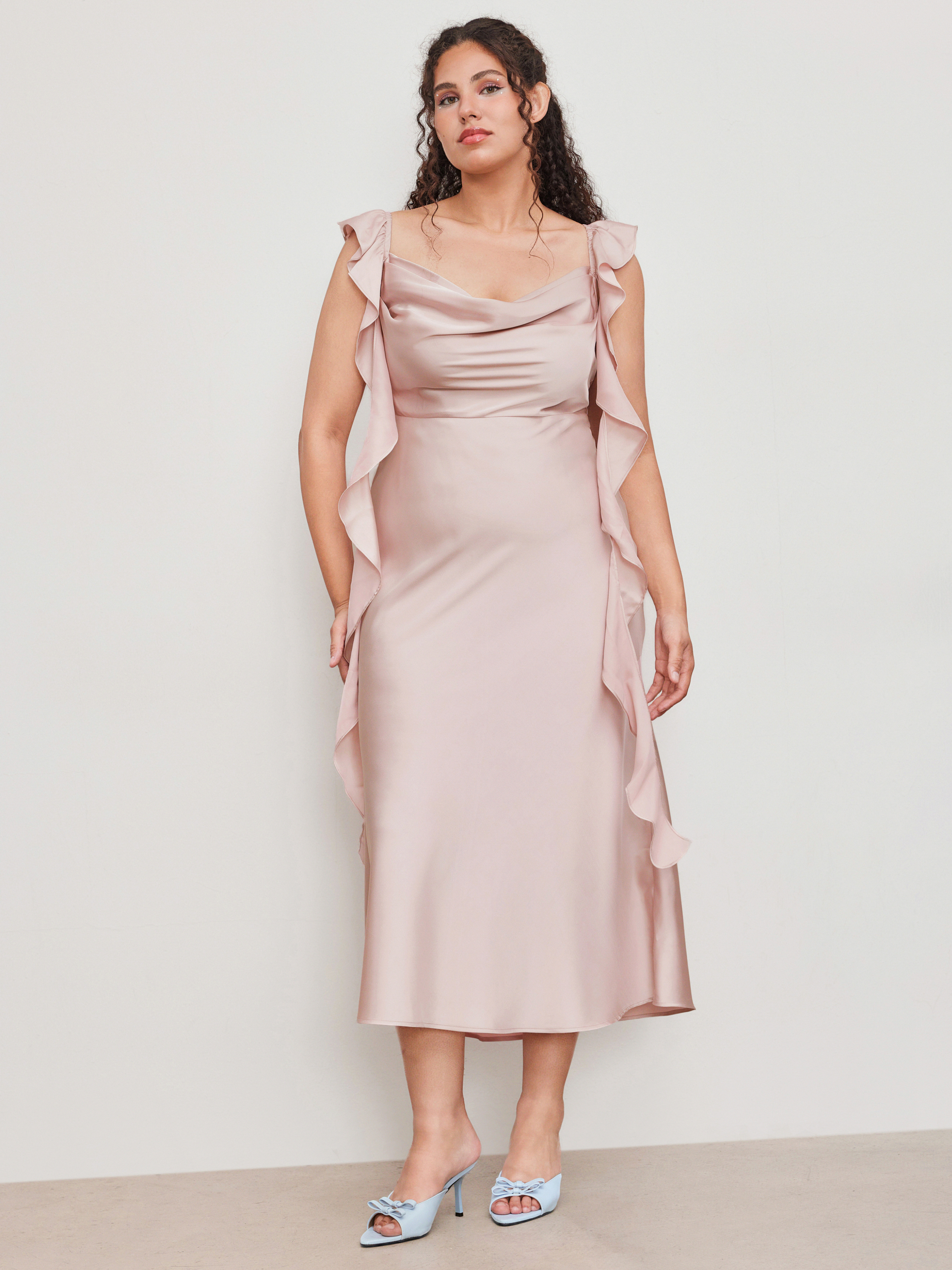 Satin Satin Cowl Neck Solid Ruffle Hem Maxi Dress Curve