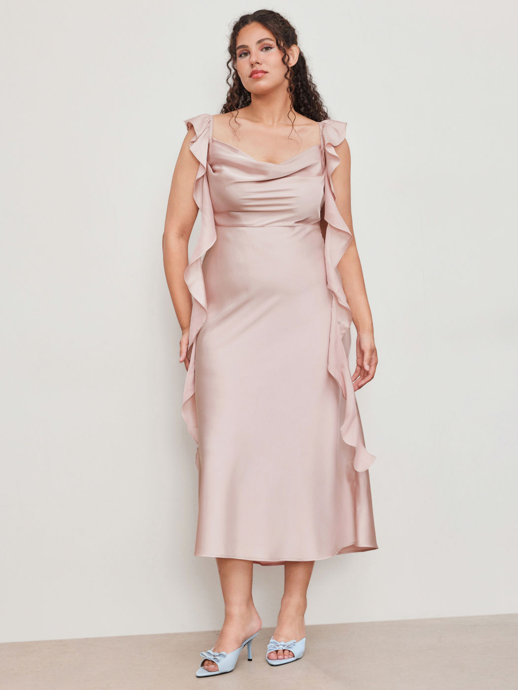 Satin Cowl Neck Solid Ruffle Hem Maxi Dress Curve & Plus